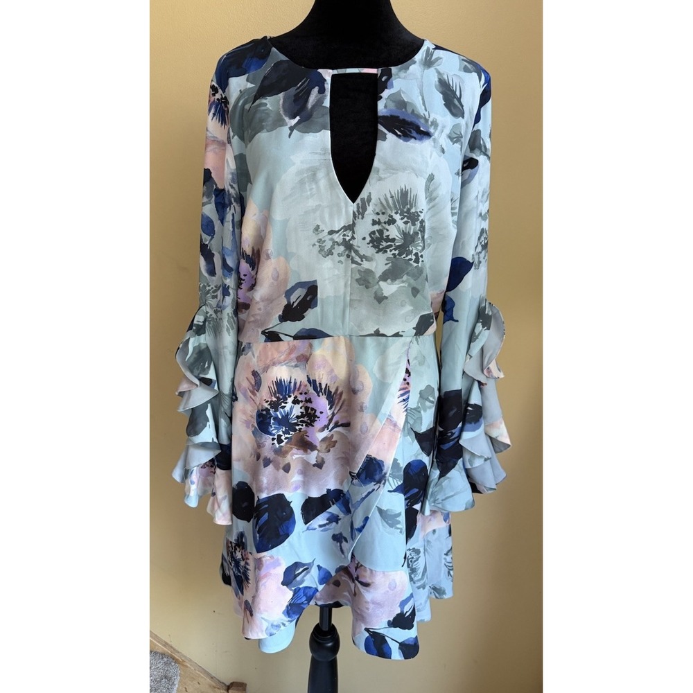 Boston Proper Floral BoHo Short Ruffle Sleeve/Front Open Neck Dress Size 10 NWT